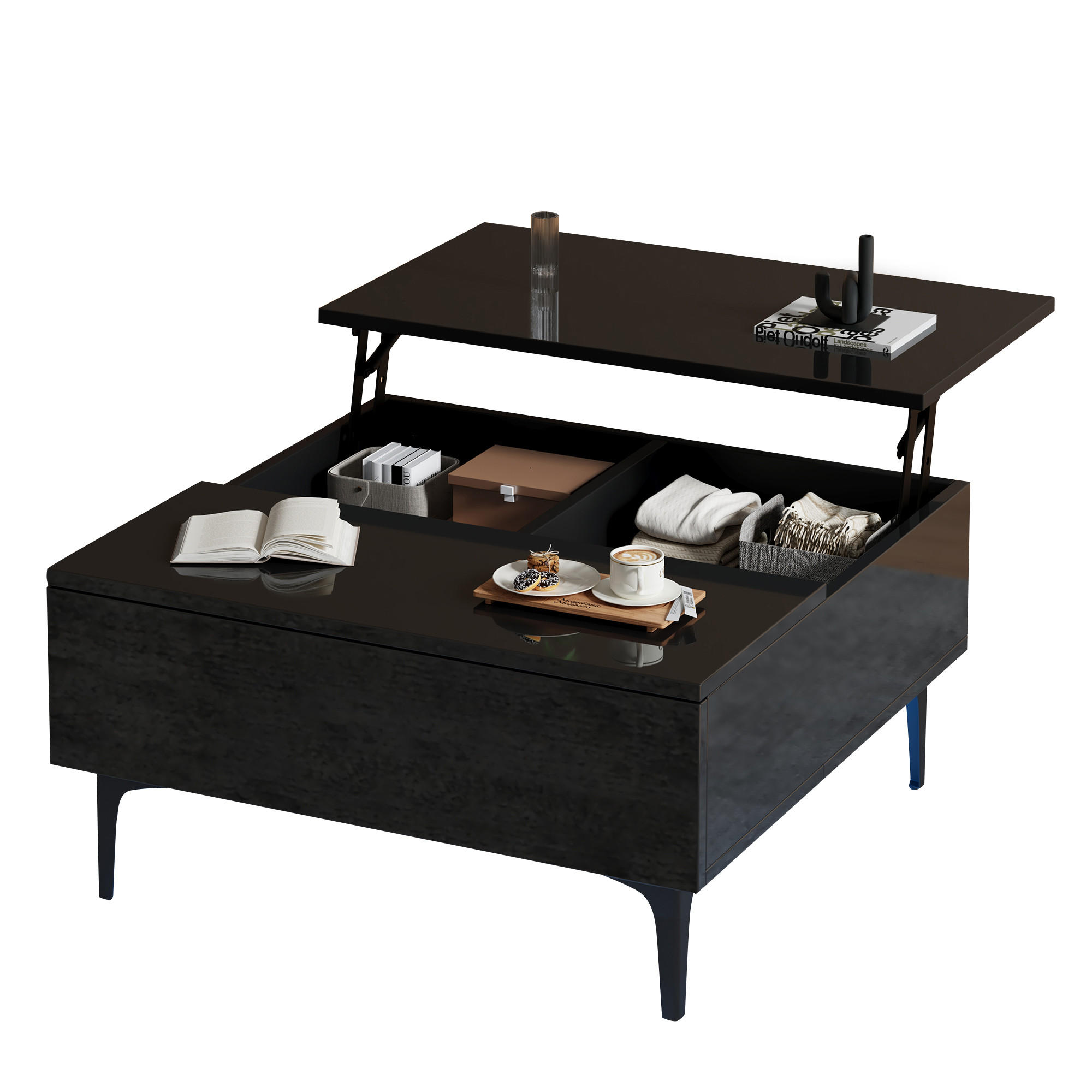 COUCHTISCH 70/70/35 cm schwarz mit höhenverstellbarer Tischplatte und Stauraum - Schwarz, Holzwerkstoff (70/70/35cm) - OKWISH