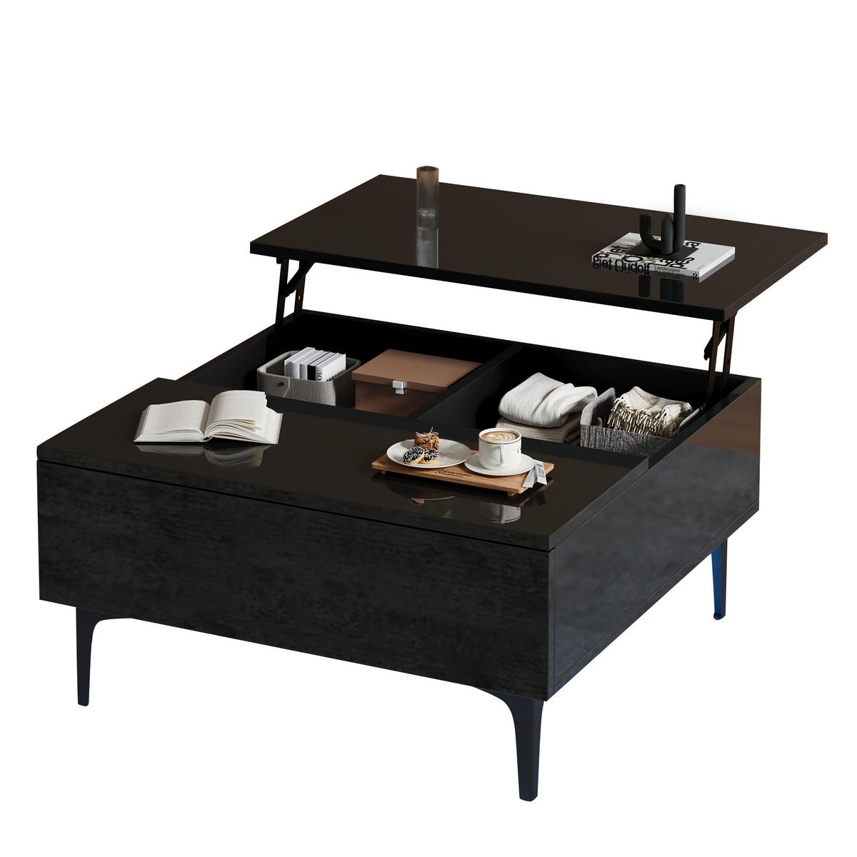 COUCHTISCH 70/70/35 cm schwarz mit höhenverstellbarer Tischplatte und Stauraum - Schwarz, Holzwerkstoff (70/70/35cm) - OKWISH