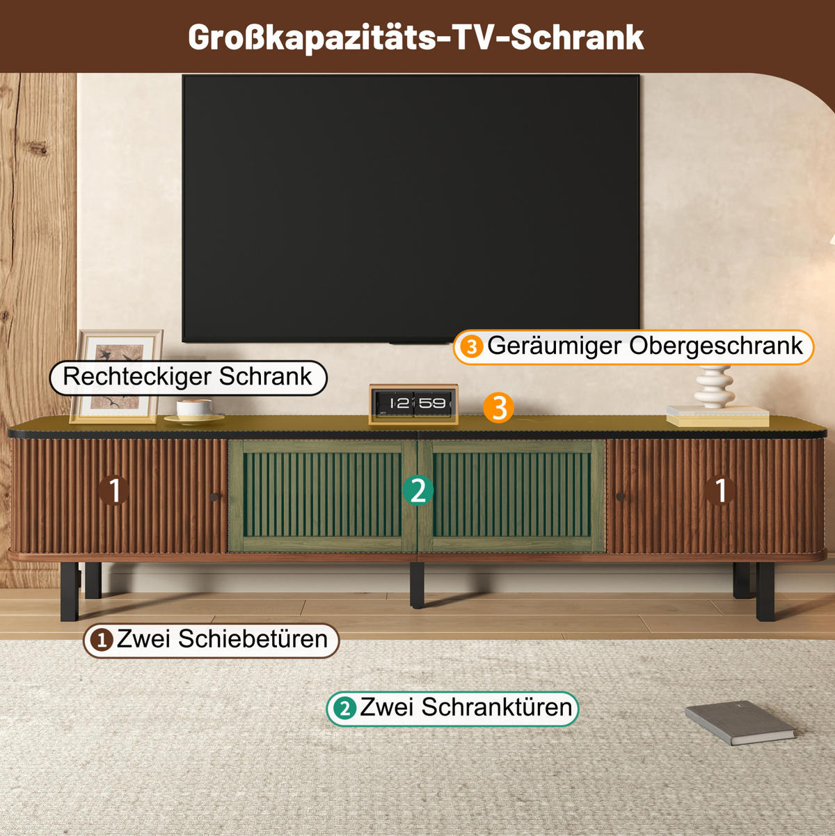 TV-LOWBOARD 190/35/45 cm mit Schiebetüren, Gitterfront und viel Stauraum, Nussbaum - Braun, Holzwerkstoff (190/45/35cm) - Redom