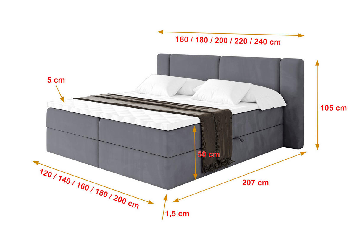 BOXBETT mit Matratze H4 - EVON - 180x200 cm Dunkelgrau - Dunkelgrau, Holzwerkstoff (180/200cm) - ALTDECOR
