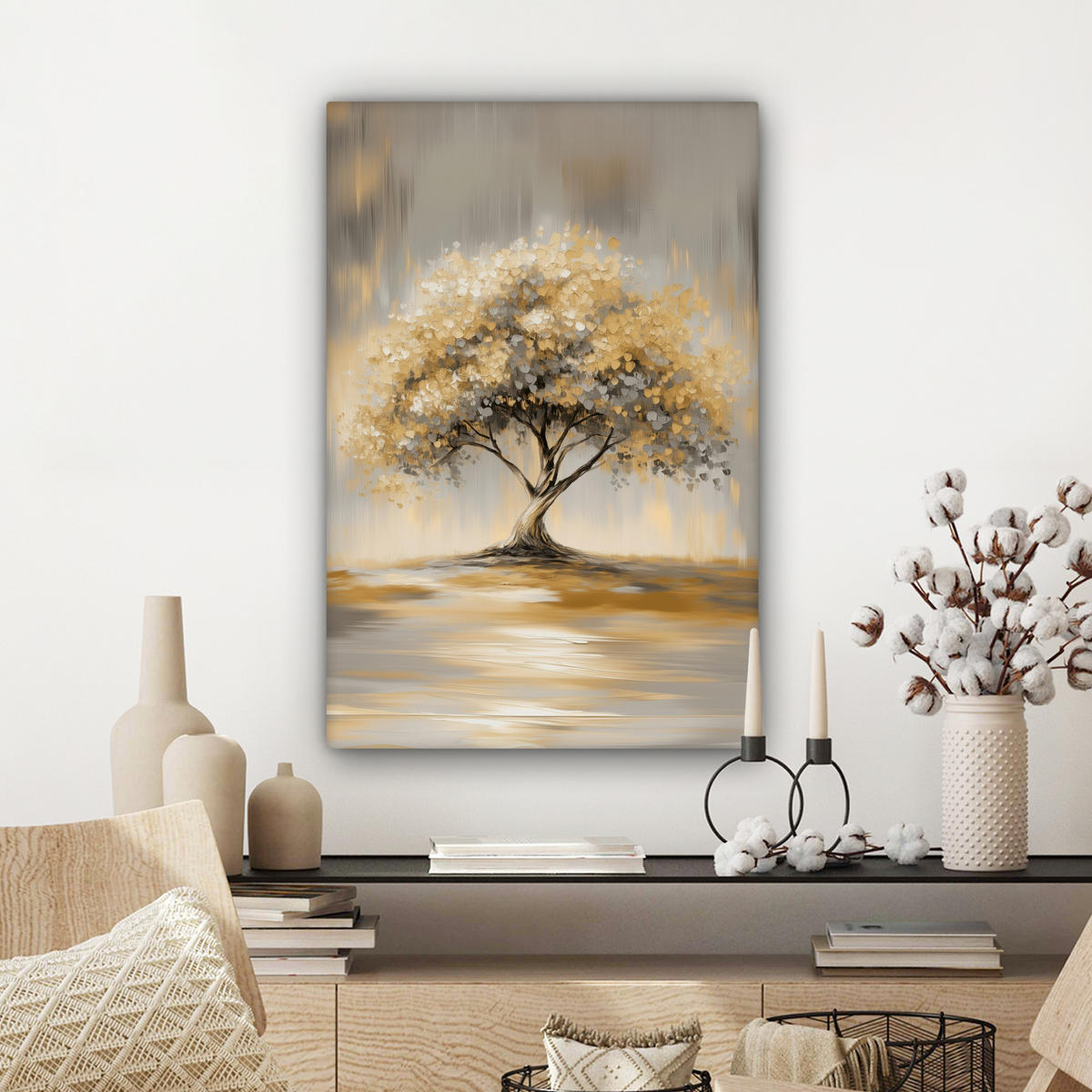 LEINWANDBILD Gemälde - Baum - Abstrakt - Blätter Wanddeko Schlafzimmer 60x90 cm - Beige, Textil (60/90cm) - MuchoWow