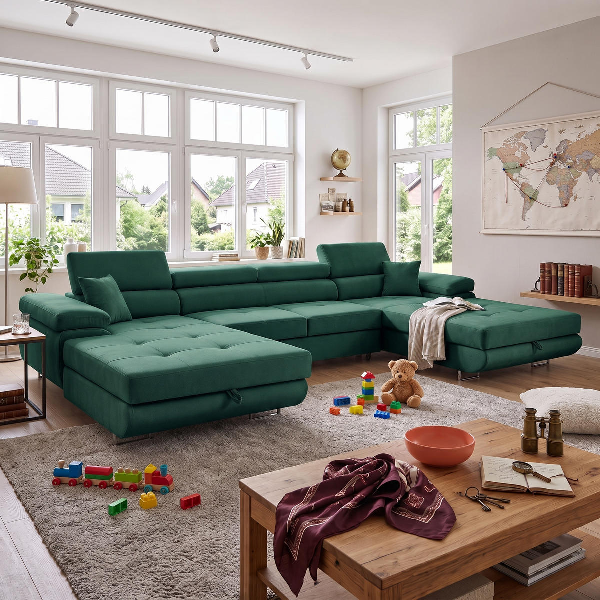 ECKSOFA U-Form ALONZO U mit Schlaffunktion 130x280 Velours Grün - Silberfarben/Grün, Holz/Textil (350/90/203cm) - Muffo