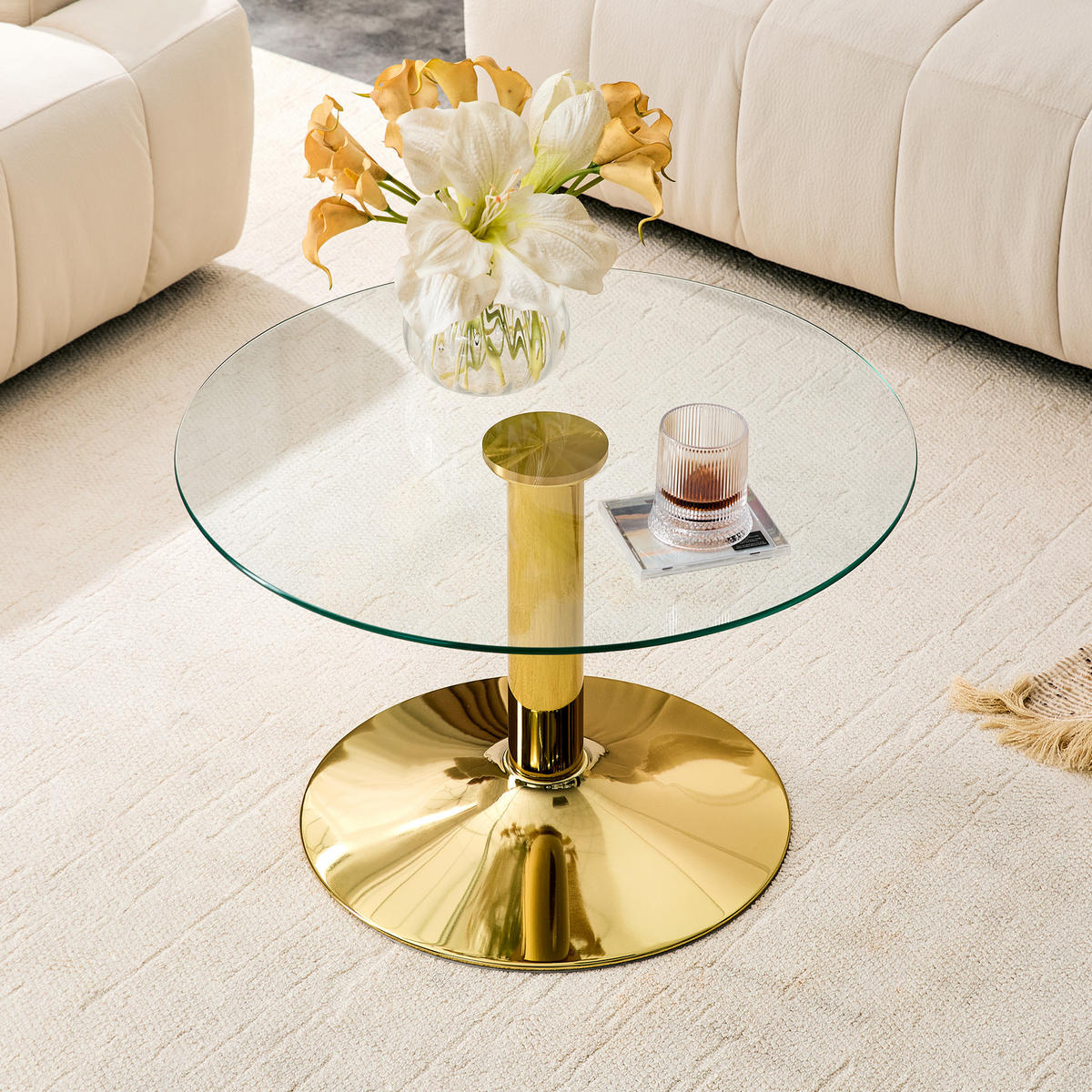 COUCHTISCH DE-37356 rund mit Glasplatte und Metallgestell Gold - Goldfarben, Metall (70/70/45cm) - ComfortXL