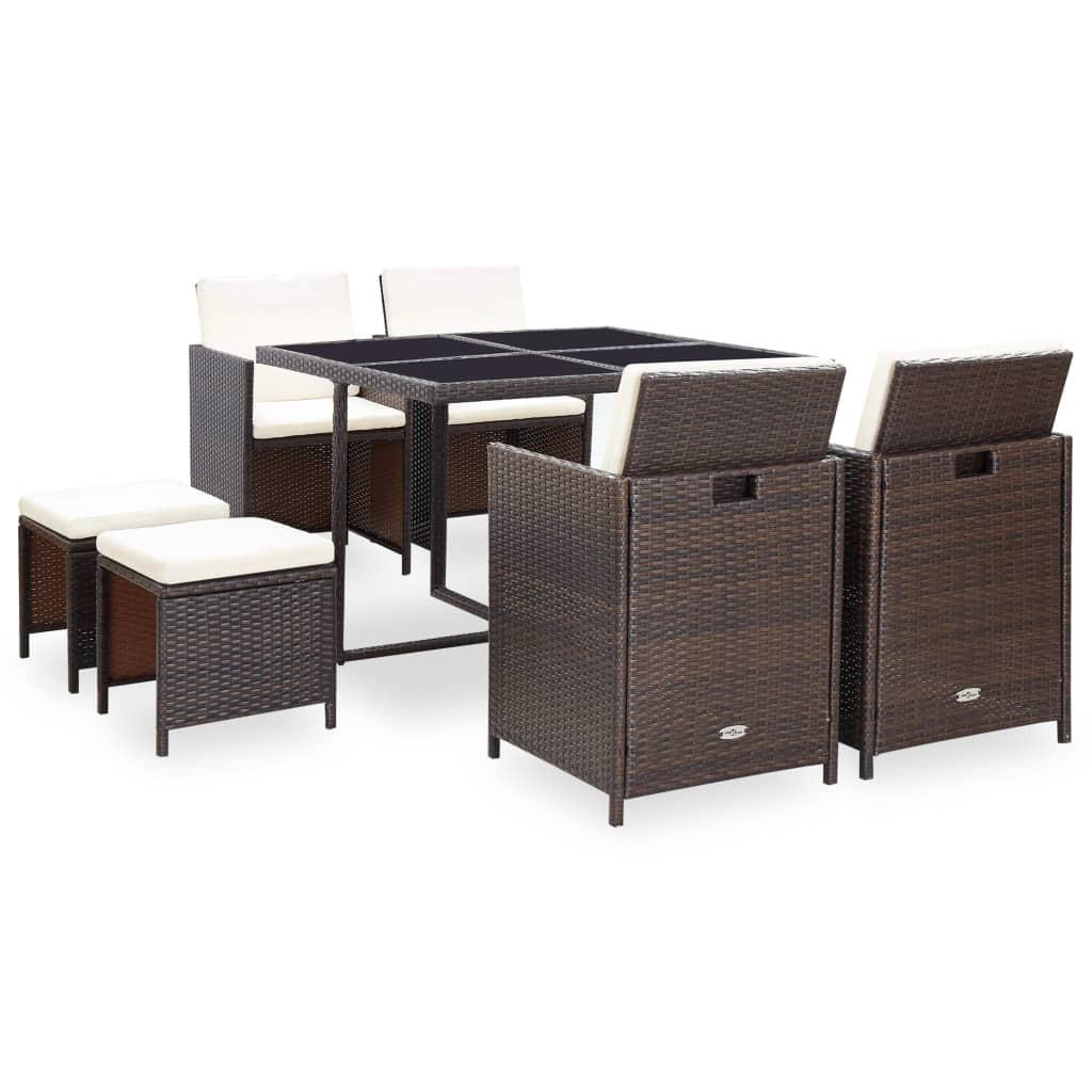 GARTEN-ESSGRUPPE 9-teilig Mit Auflagen Poly Rattan Braun - Creme/Braun, Kunststoff/Textil - vidaXL