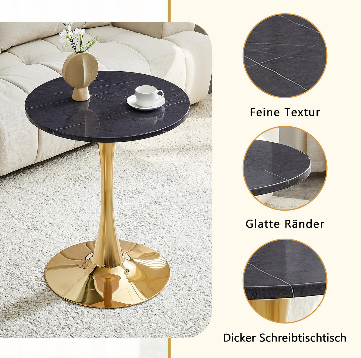 BEISTELLTISCH aus MDF und Metall 60x60x72 cm Schwarz/Gold in Marmoroptik mit runder Tischplatte und stabilem Stand - Schwarz, Holzwerkstoff (60/60/72cm) - Modfu