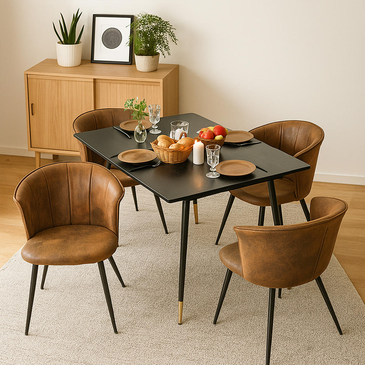 ESSGRUPPE mit ausziehbarem Esstisch, goldenen Beinen und 4 Schalensesseln in Wildlederoptik, Schwarz - Multicolor/Schwarz, Metall (46/74.5/43cm) - Meubles Cosy