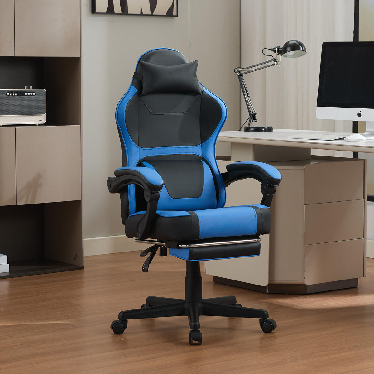 GAMING-STUHL schwarz-blau ergonomisch mit ausziehbarer Fußstütze, Nacken- und Lendenkissen, höhenverstellbar - Blau, Leder (54/116/61cm) - BRILVERDE