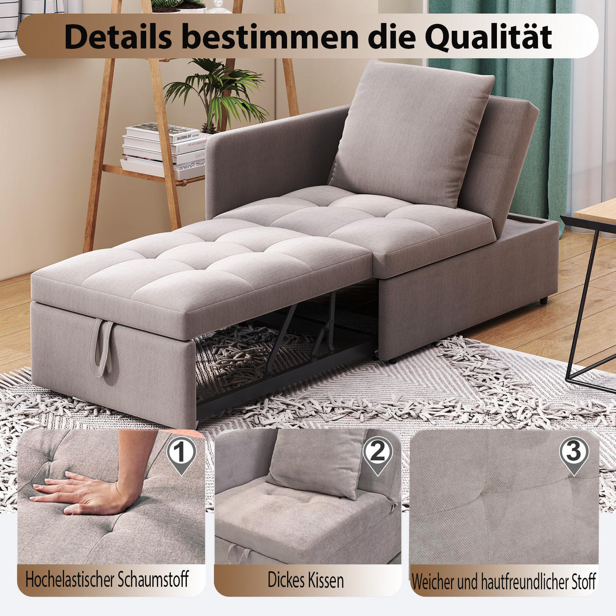 SCHLAFSOFA Leinenstoff mit 5-fach verstellbarer Rückenlehne Grau 177/68/65 cm - Graubraun, Textil (68/65/177cm) - Redom