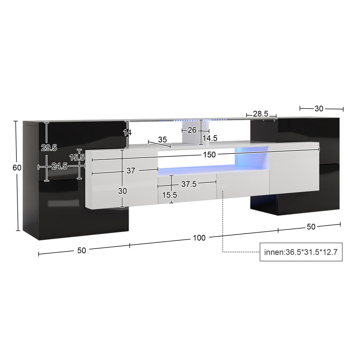 TV-SCHRANK in Schwarz-Weiß Hochglanz mit LED 200/35/60 cm - Schwarz, Holzwerkstoff (200/60/35cm) - Redom