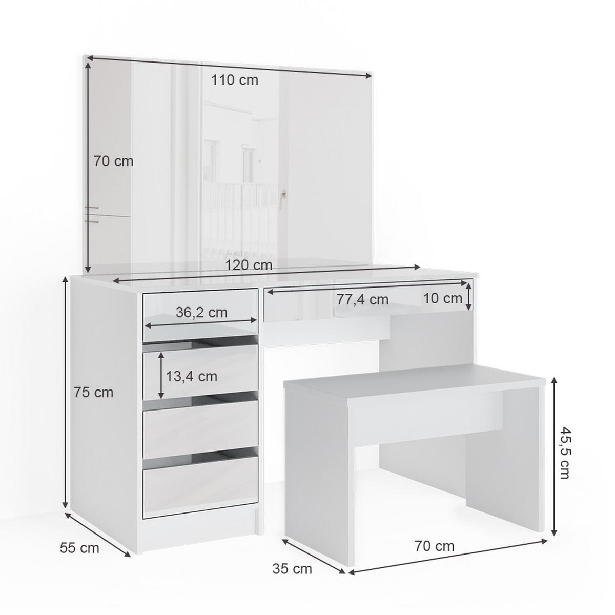 SCHMINKTISCH Sherry Weiß 120 cm mit Bank - Weiß, Holzwerkstoff (55/75/120cm) - Vicco