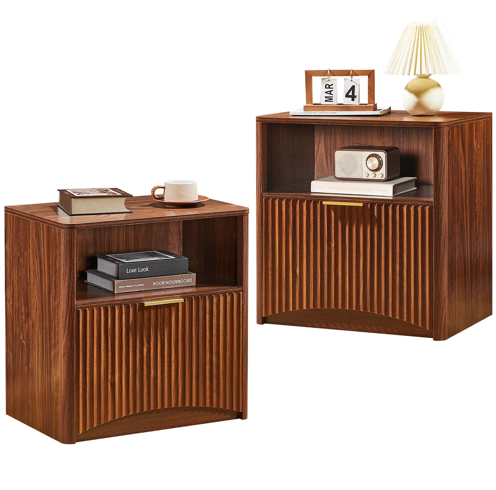 NACHTTISCH 58/38/60 cm in Nussbaumfarben mit Rillendesign und Schublade - Walnussfarben, Holzwerkstoff (58/60/38cm) - Flora Grace