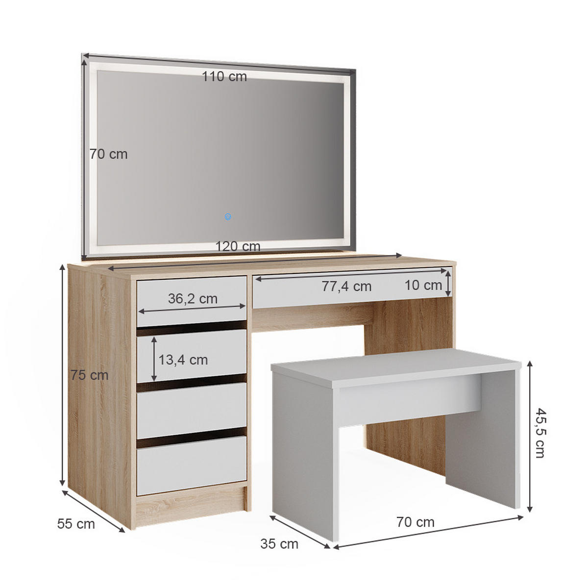 SCHMINKTISCH Sherry Weiß/Sonoma 120 cm mit LED Spiegel und Hocker - Weiß/Sonoma Eiche, Holzwerkstoff (55/75/120cm) - Vicco