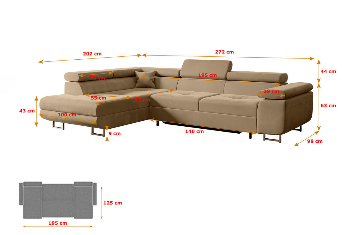 ECKSOFA mit Schlaffunktion und Bettkasten GUSA-L 272x202x107 cm Beige Velours - Beige/Silberfarben, Holzwerkstoff/Textil (272/202cm) - ALTDECOR