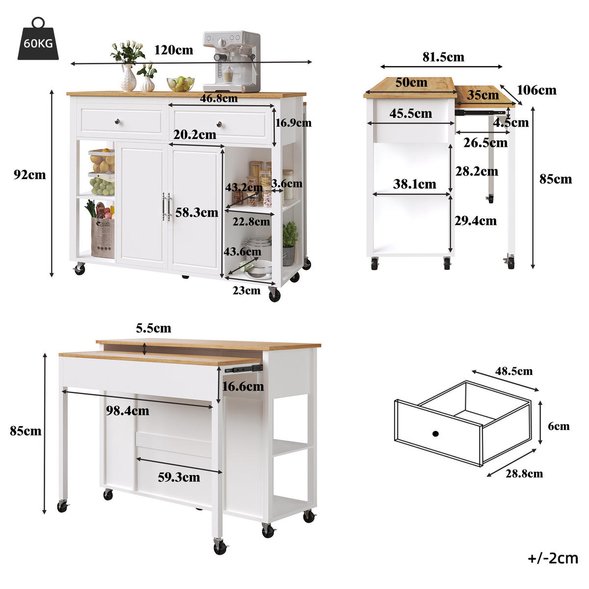MOBILER Servierwagen 120x81.5x92cm Weiß mit 2 Schubladen & 7 Rollen - Weiß, Holzwerkstoff (120/92/81.5cm) - Modfu
