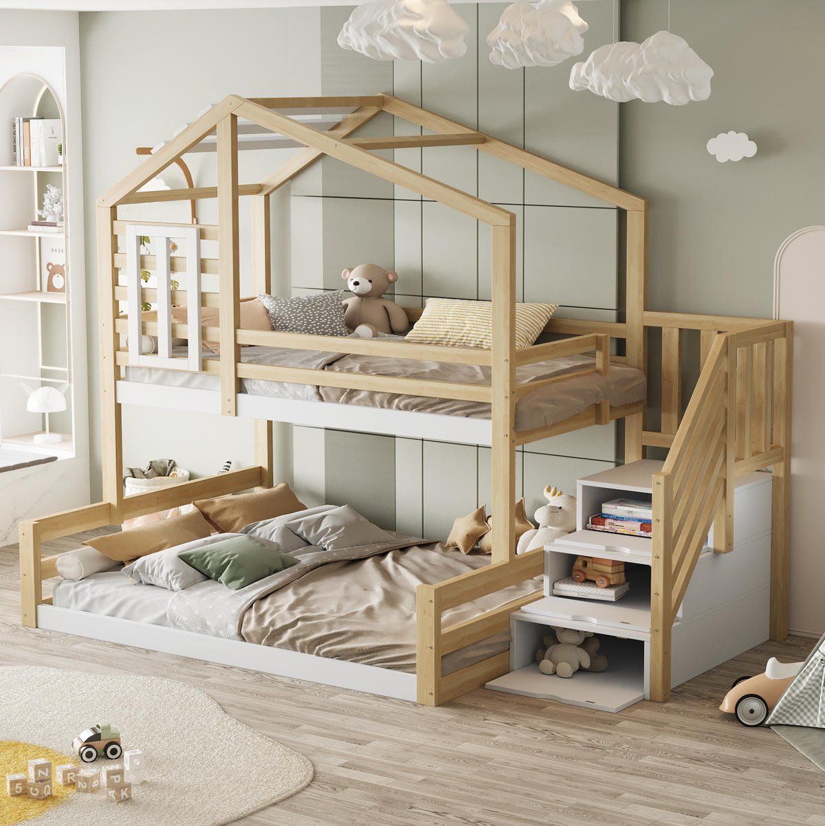 HAUSBETT 90/200 & 140/200 cm aus Kiefernholz mit Treppe und Stauraum - Naturfarben, Holz (90/200cm) - BEAOK