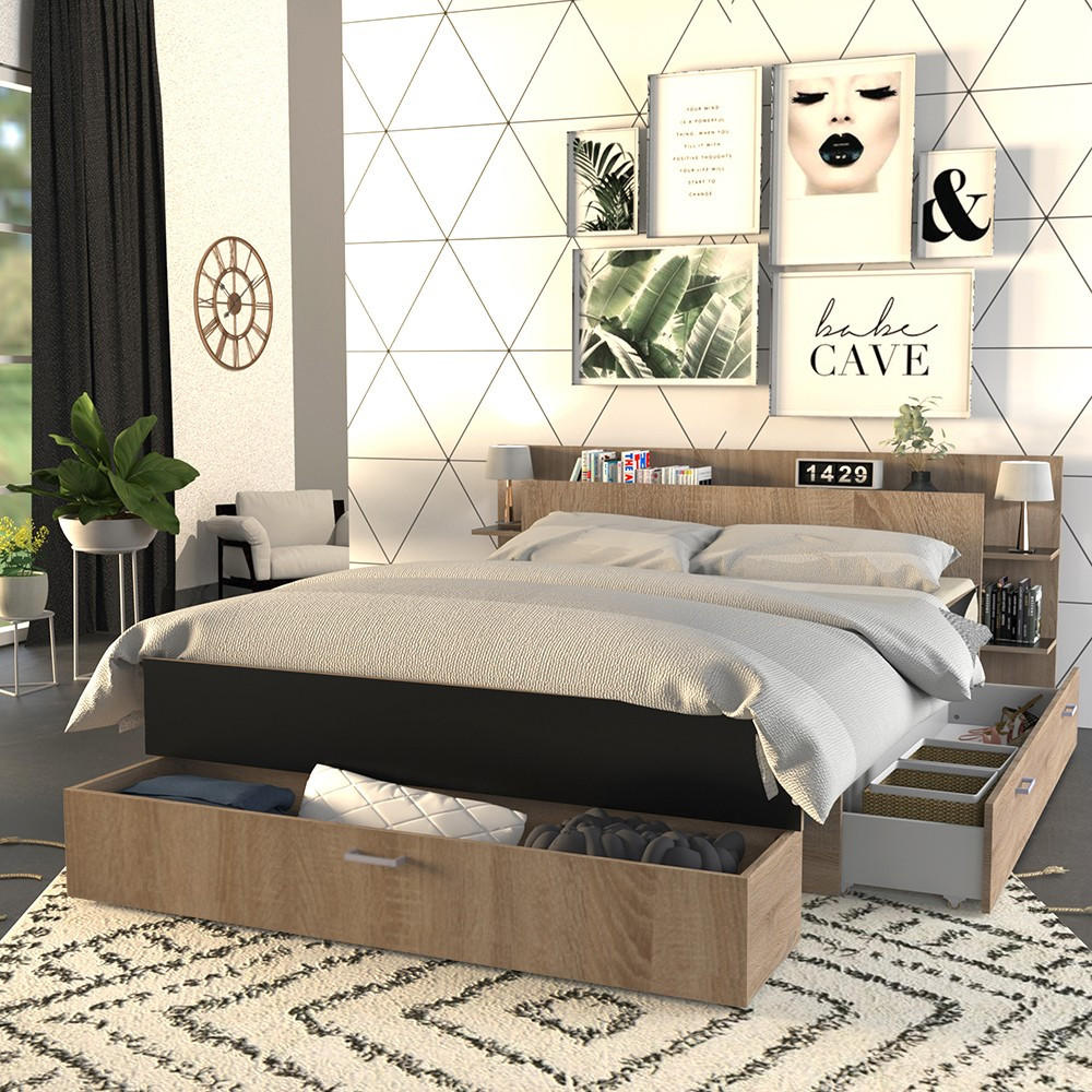 BETT SAMBA mit Schubladen / Bett 140x190 - Schwarz & gebleichte Eiche Dekor - Schwarz, Holzwerkstoff (140/190cm) - Weber Industries