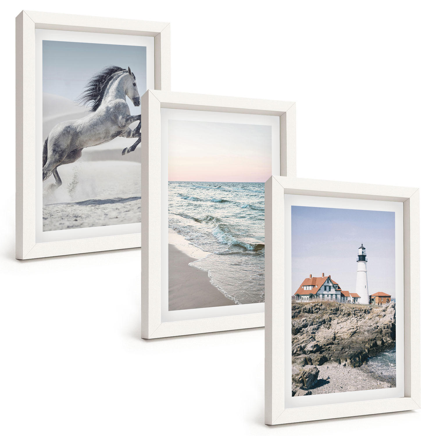 BILDER SET 3er Set - 20x30 cm Weißer Rahmen - Pferde, Strand, Leuchtturm, Wellen - Weiß, Kunststoff (20/30cm) - TULUP