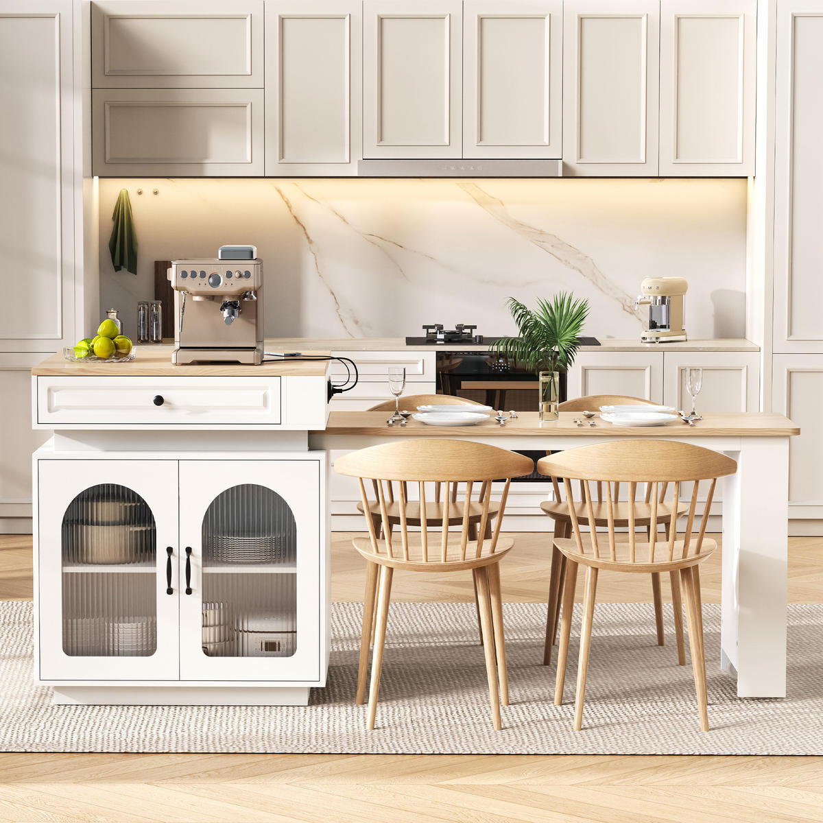 BARTISCH 128–200×71×92 cm aus MDF+Glas mit Riffelglas, LED & USB-Ladestation, weiß - Weiß, Holzwerkstoff (200/71/92cm) - Luhomfu