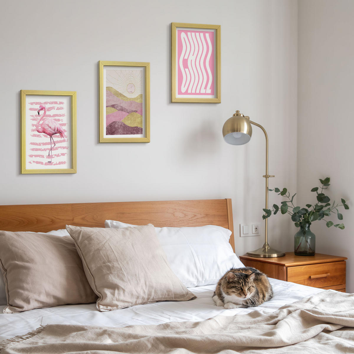 WANDBILDER 3er Set - 20x30 cm Goldrahmen - Pastelllandschaft mit rosa Flamingos - Goldfarben, Kunststoff (20/30cm) - ArtPrintCave