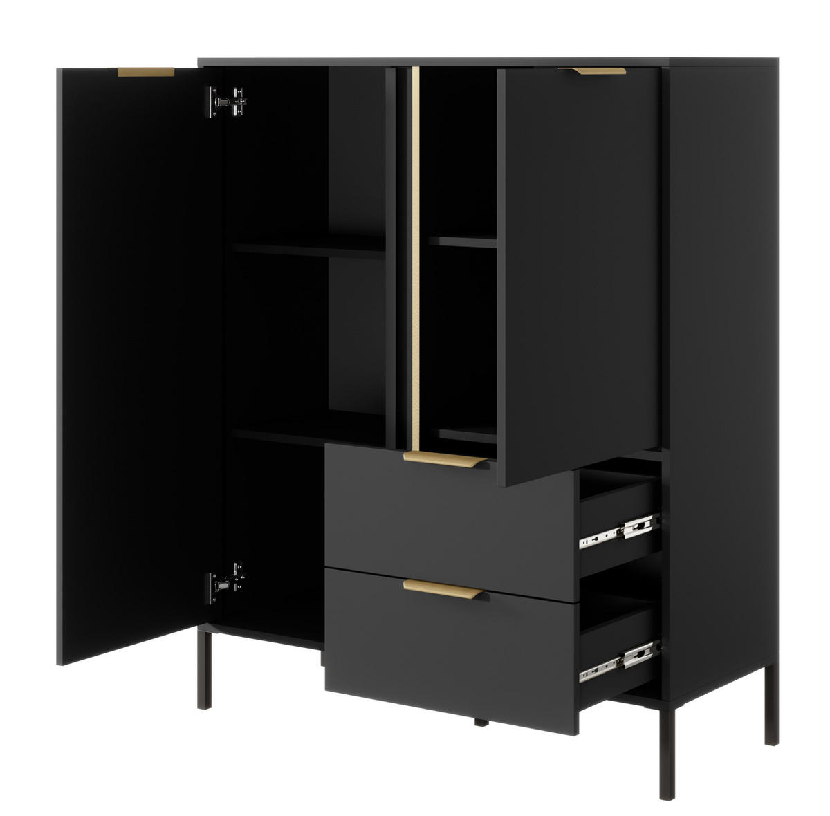 HIGHBOARD Catanian 2T 2S Grau 103,3/123,4/39,5 cm – mit goldenen Griffen und schwarzen Beinen - Schwarz/Grau, Holzwerkstoff/Metall (103.3/123.4/39.5cm) - AX Living