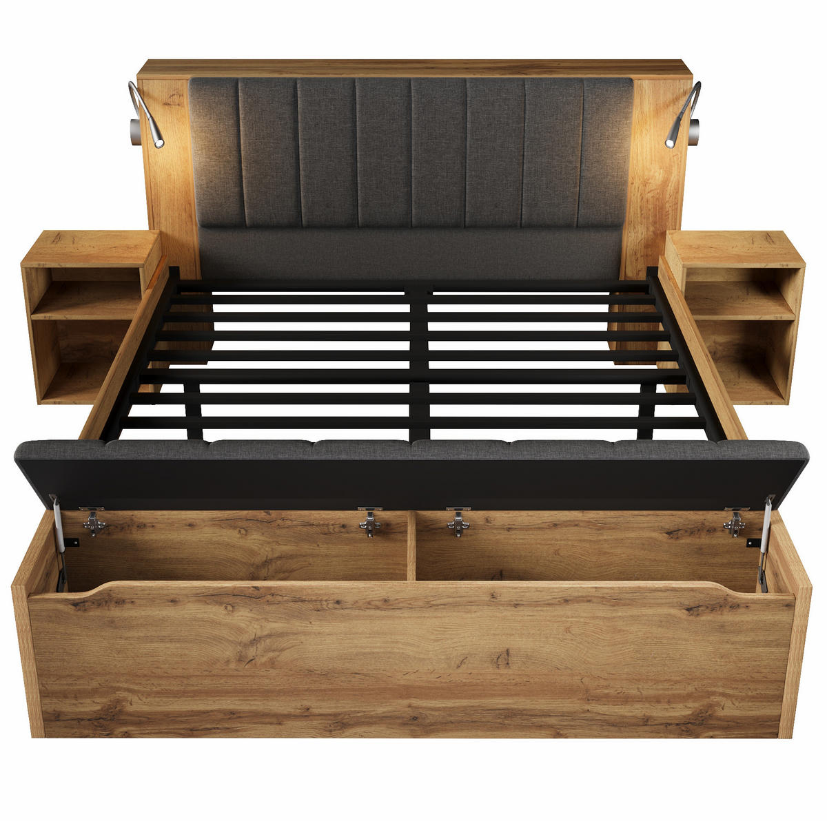 DŘEVĚNÁ postel 160/200 cm s integrovanými čtecími lampami, USB portem, úložným prostorem a matrací, Dub - barva dubu, kompozitní dřevo (160/200cm) - Redom
