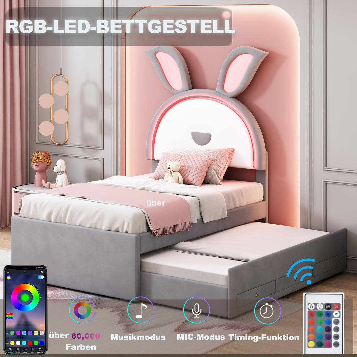 KINDERBETT 90x200 cm LED Rollbett grau - Grau, Textil (90/200cm) - LEBENLANG