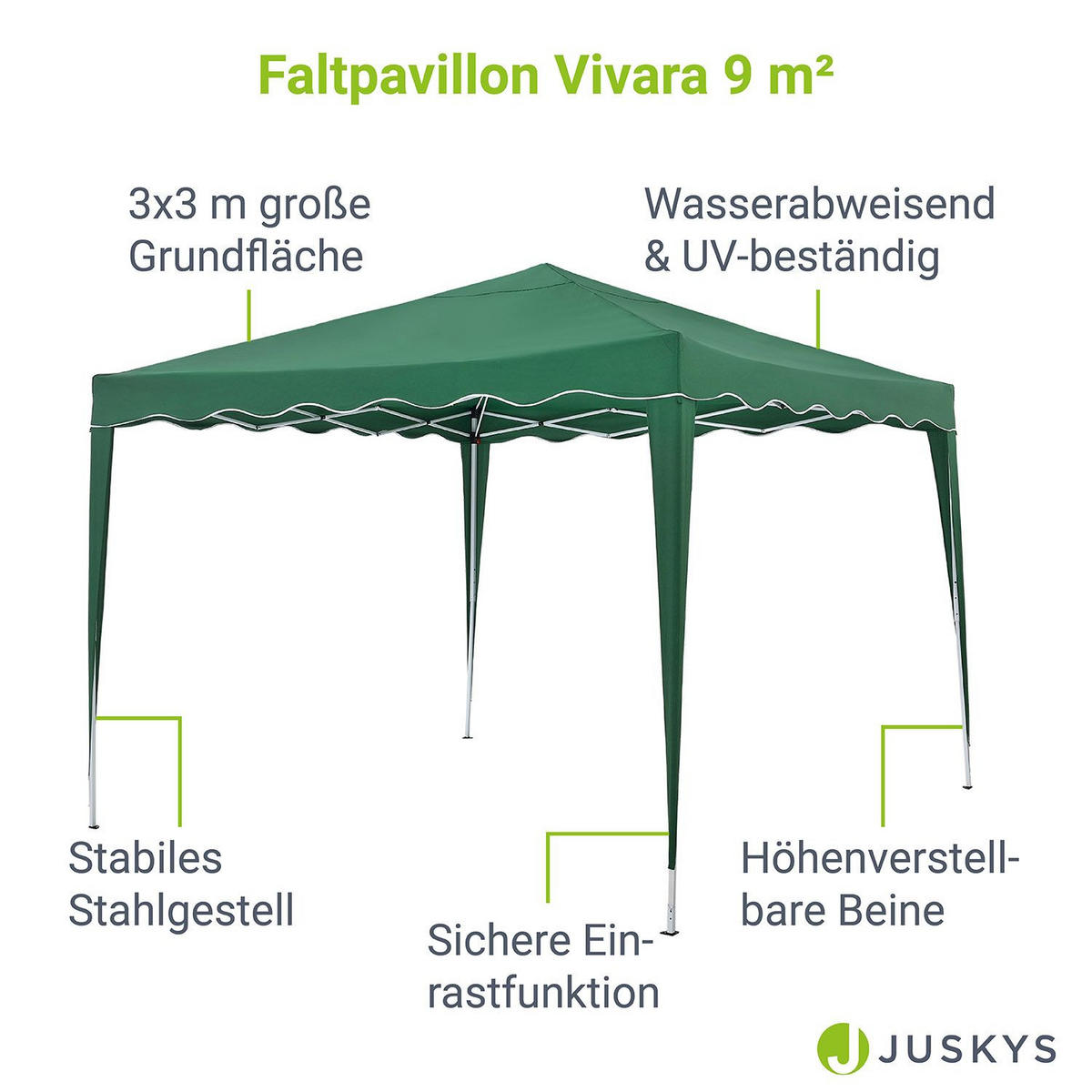 FALTPAVILLON Vivara grün 3x3 m mit Tragetasche - Grün, Metall (300/250/300cm) - Juskys