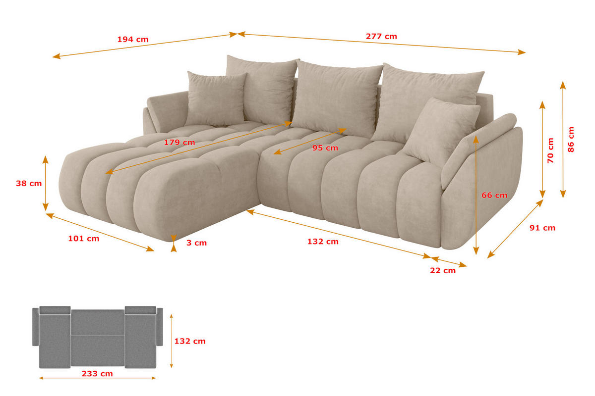 ROHOVÁ SEDAČKA s funkcí spaní, otoman vlevo TOKO-L-v1 277x194x86 béžová velur - černá/Sahara, kompozitní dřevo/textil (277/194cm) - ALTDECOR