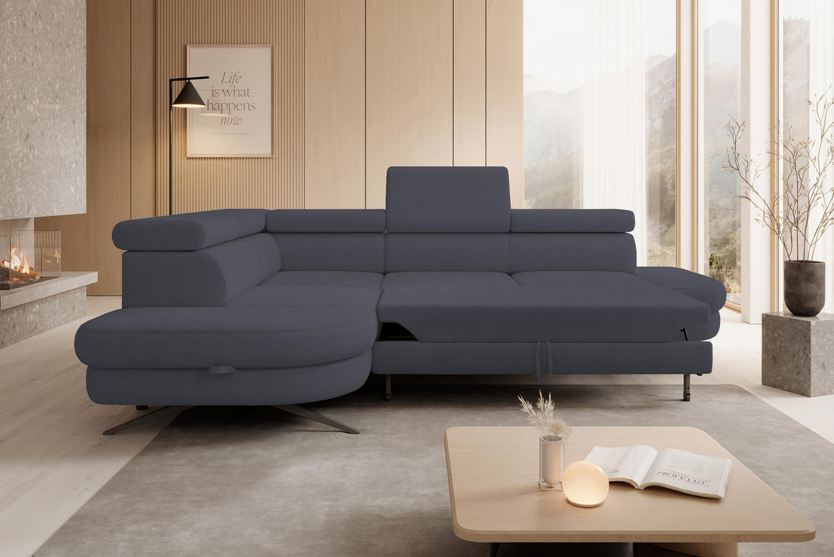 ECKSOFA OTIS L-förm, Schlaffunktion, verstellbare Kopfstützen, in AURORA-Stoff, lose Rückenkissen, freistehend, LINKS 218x276x97 cm Dark grey - Dunkelgrau, Holz/Textil (218/276cm) - DomoHome