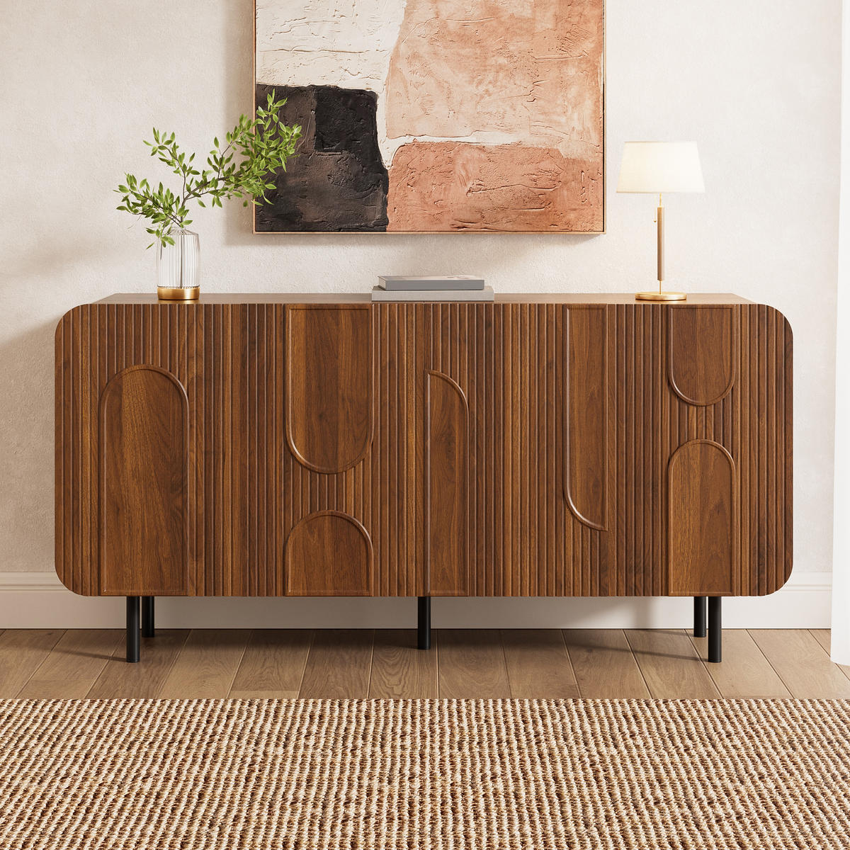 SIDEBOARD Mid-Century 4 Türen Nussbaum 8 Fächer modern - Walnussfarben, Holzwerkstoff (40/79/160cm) - FLIEKS