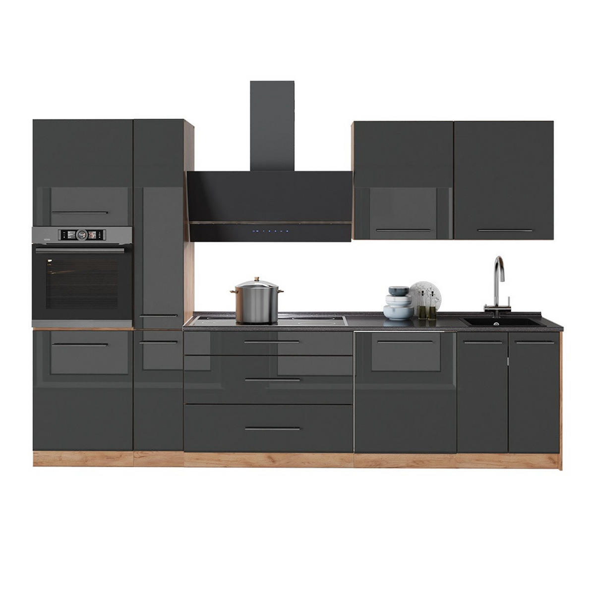 KÖK Fame-Line, Antracit högblank/Goldkraft ek, 310 cm, AP Oak - Honungsek/Svart högglans, Träbaserade material (310/206.8/60cm) - Vicco