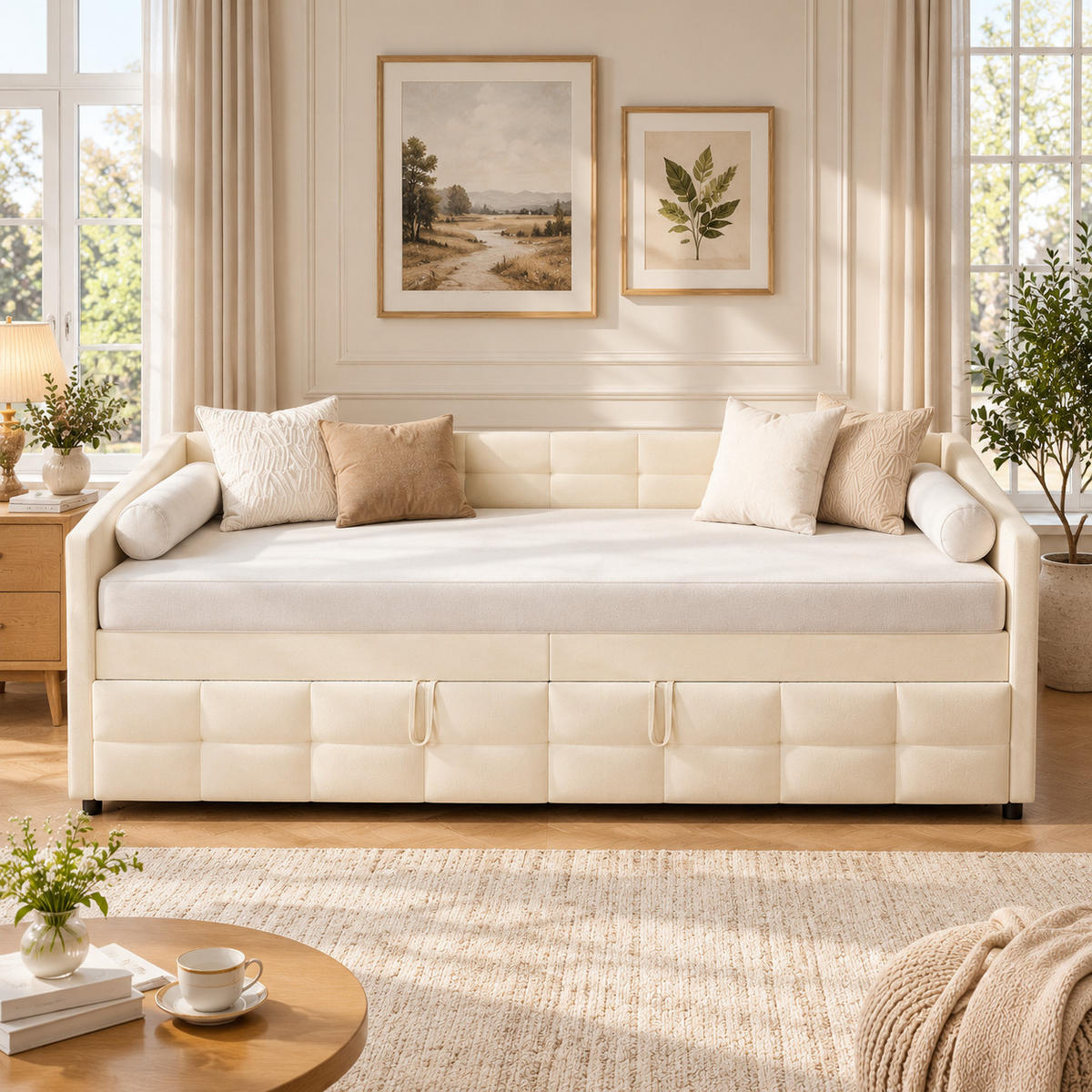 SCHLAFSOFA 200cm breit, Schlafsofa mit ausziehbarer Liegefläche - Beige, Metall (193.5/75/215cm) - Joyfair