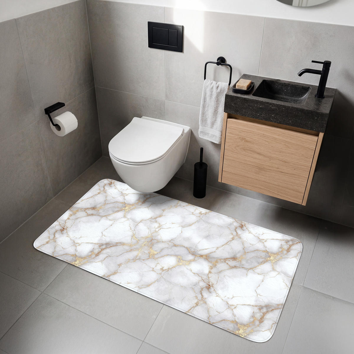 WC-VORLEGER Weiß - Gold - Marmor - Grau WC Teppich 120x60 cm - Weiß, Kunststoff/Textil (120/1cm) - OnlyWow
