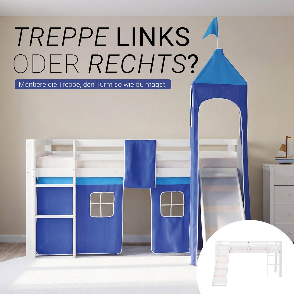 HOCHBETT 90/200 in Blau mit Lattenrost + Matratze - Blau/Weiß, Holz - Homestyle4u