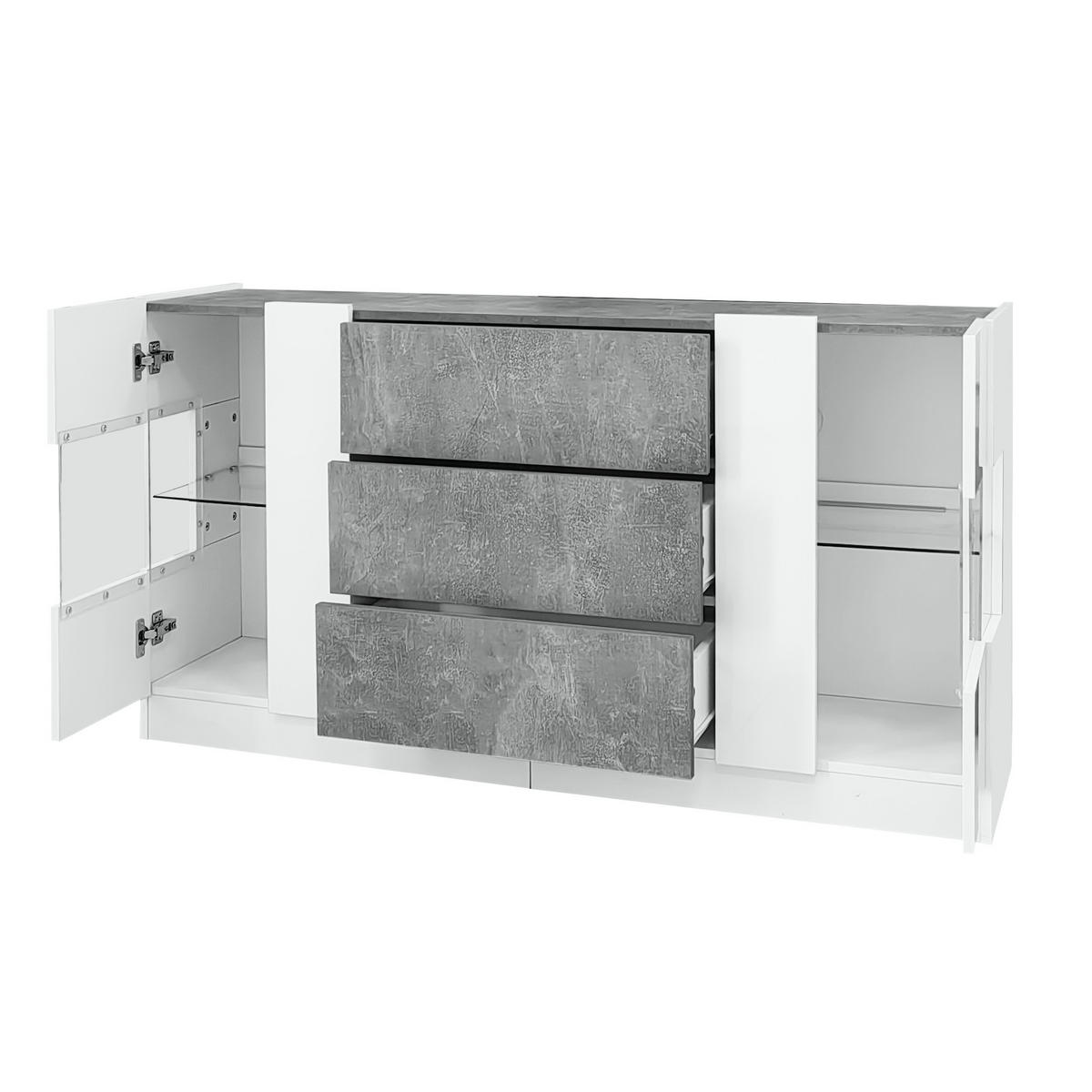 SIDEBOARD 140/35/75 cm mit 2 Türen und 3 Schubladen, grauer Marmorlook, weiße Hochglanz-Fronten und 16-Farben LED, grau/weiß - Weiß, Holzwerkstoff (140/75/35cm) - Redom