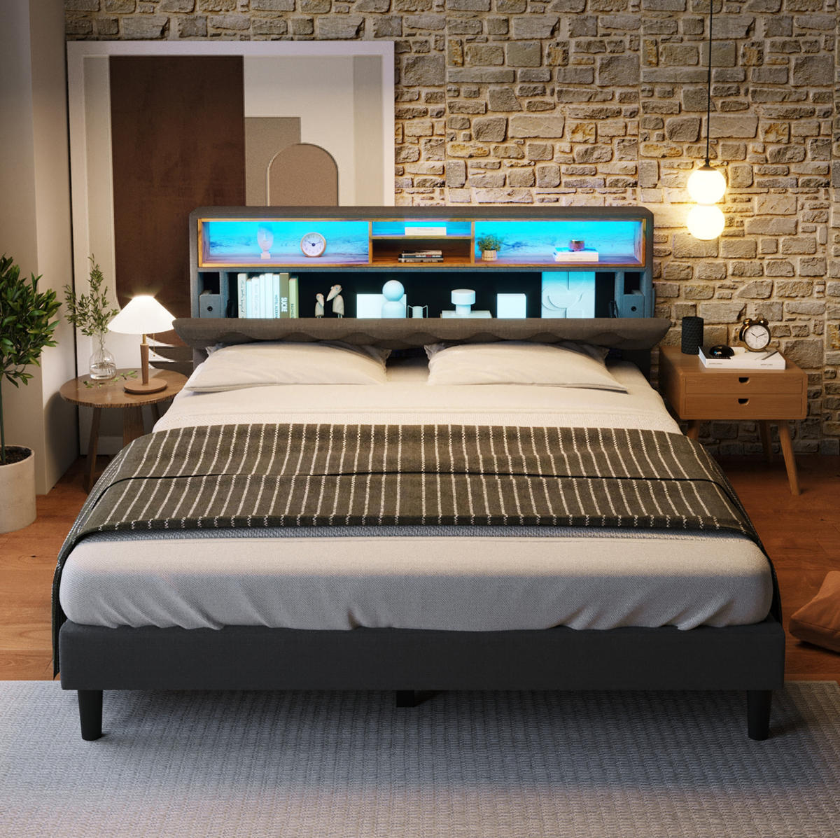 POLSTERBETT mit Stauraum-Kopfteil und LED 140x200 cm Grau - Grau, Holz (140/200cm) - Meubliv