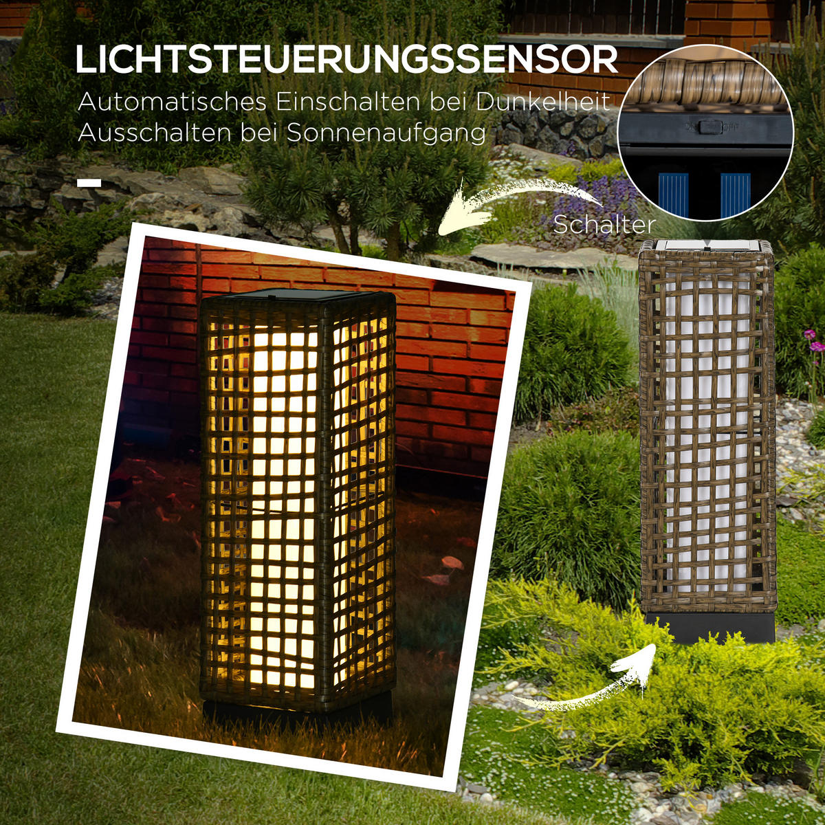 SOLARLEUCHTE, Rattan, Stahl, Sand - Schwarz, Metall (15.5/46/15.5cm) - Outsunny
