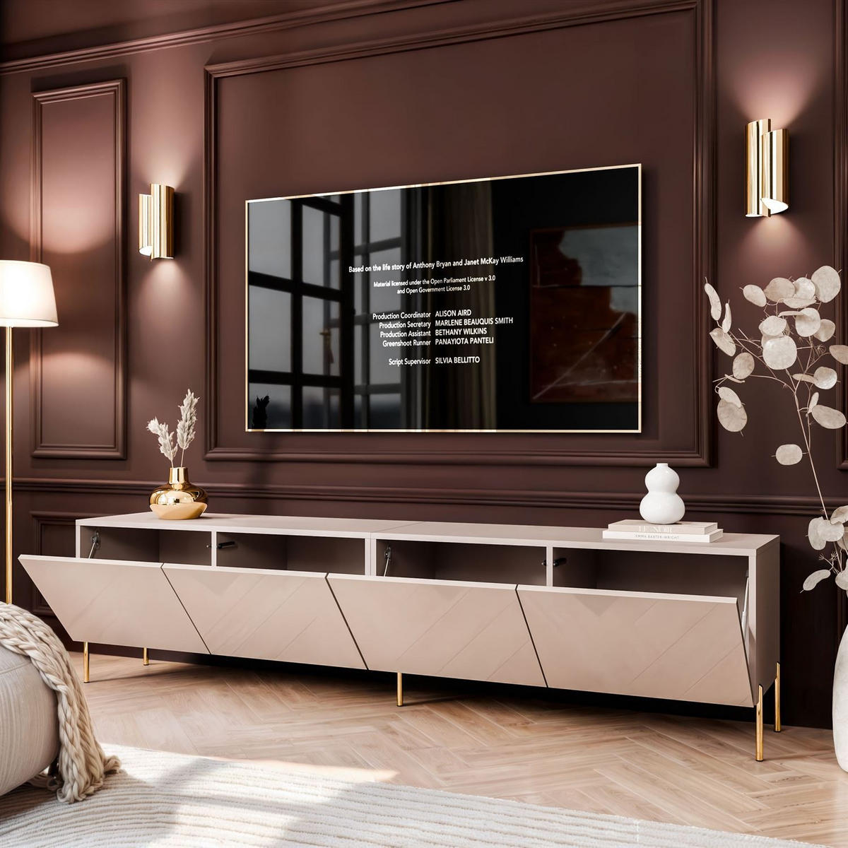 TV-SCHRANK COLGANTE 100 Kaschmir Hochglanz, mit LED, Gerade goldene Füßen - Kaschmir/Goldfarben, Holzwerkstoff (200/50/40cm) - Lookway