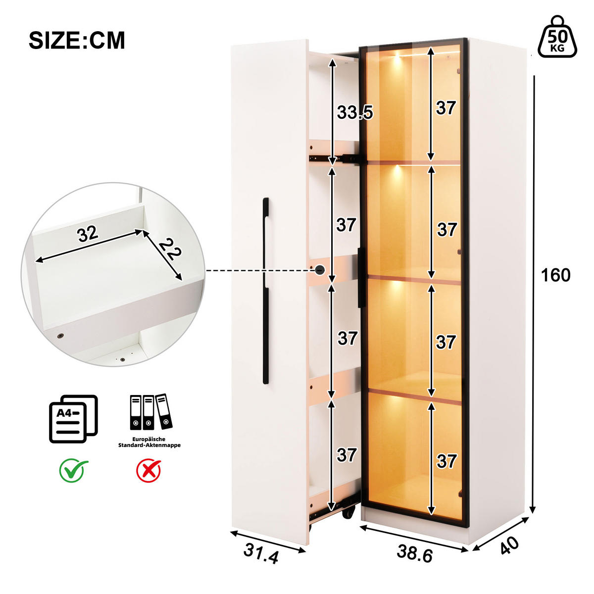 VITRINE 70/40/160 cm weiß aus MDF mit Side-Pull und LED - Weiß, Holzwerkstoff (70/160/40cm) - OKWISH