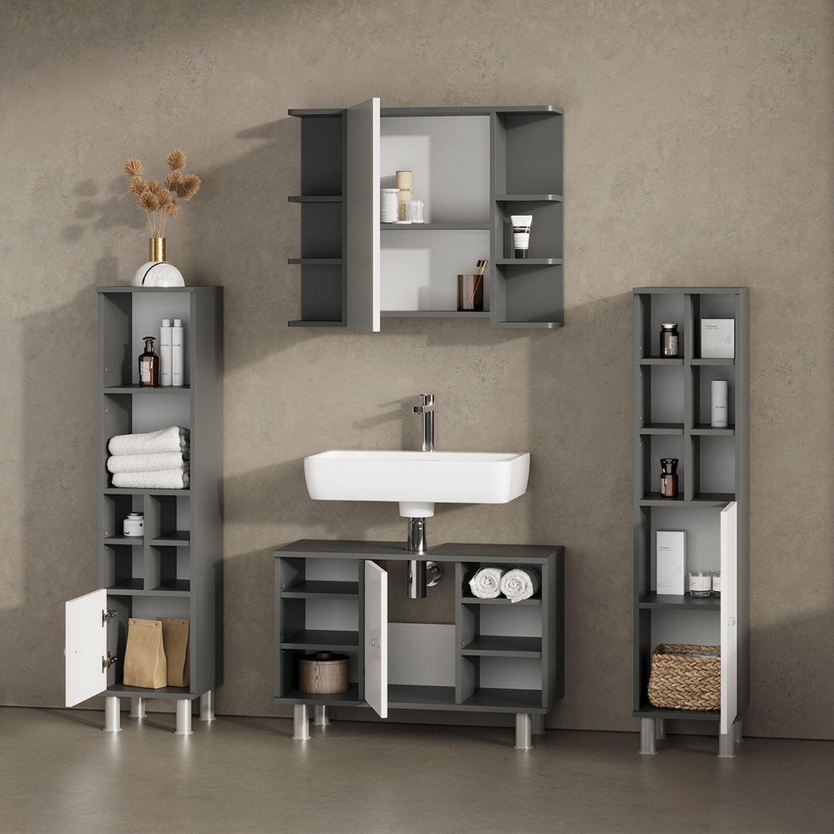 BADMÖBEL-SET Fucino Anthrazit 4 Teile, mit Midischränke - Anthrazit/Weiß, Holzwerkstoff (80/54/32cm) - Livinity®