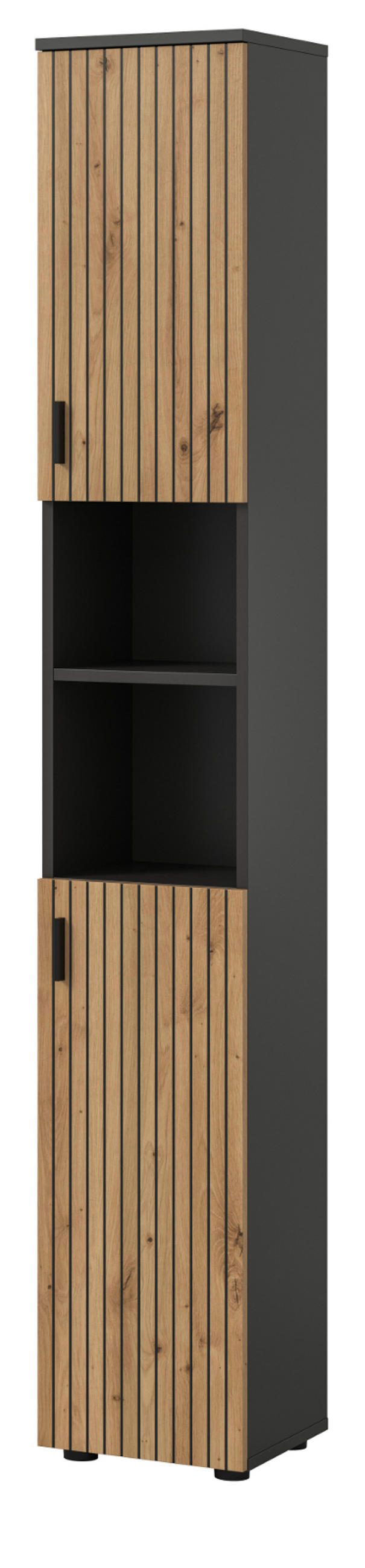 HOCHSCHRANK Eiche Artisan, grau 30 x 192 cm, Badschrank mit 6 Fächern - Schwarz/Eiche Artisan, Holzwerkstoff/Kunststoff (30/192/30cm) - Inn.Furn