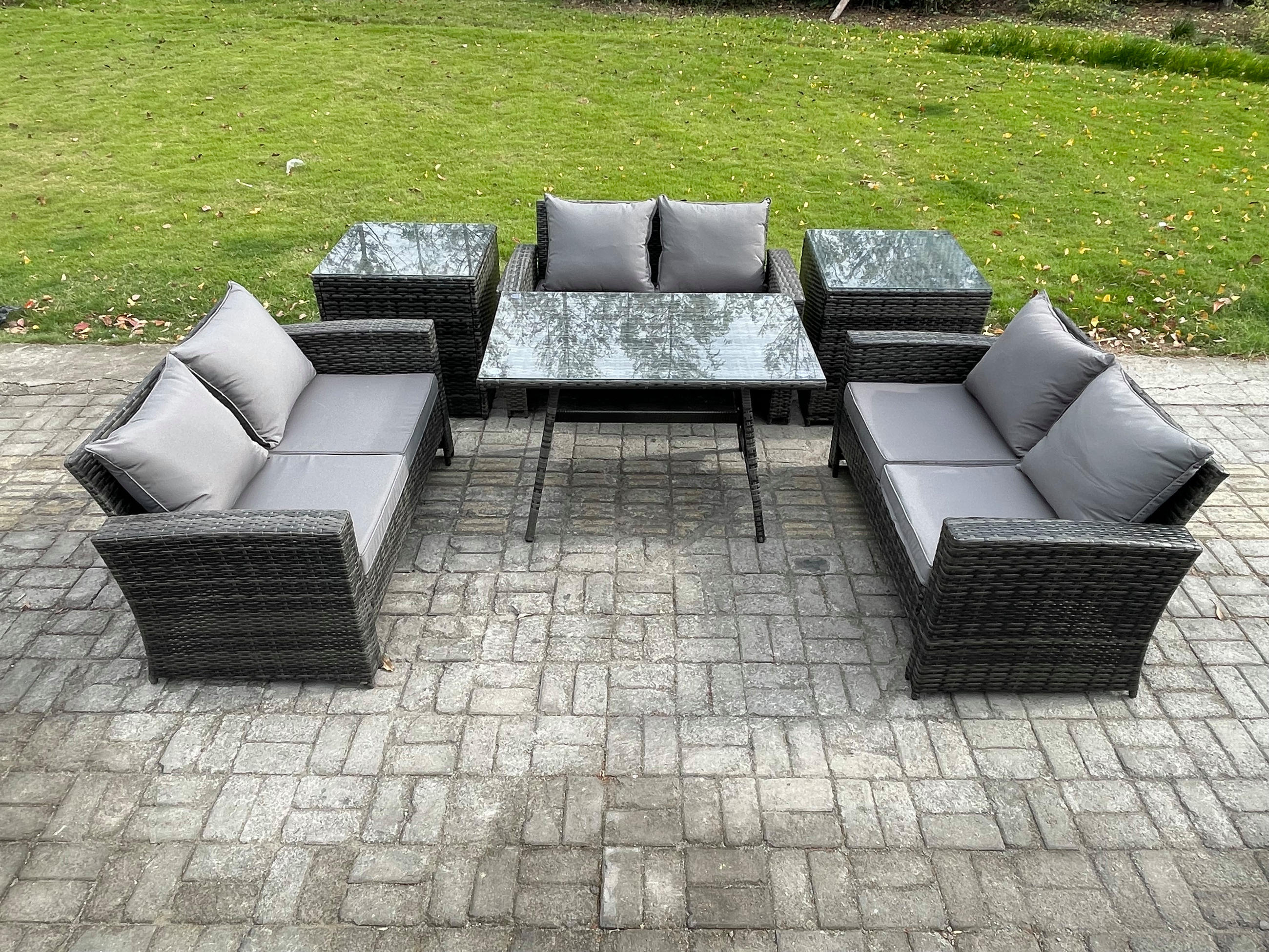 GARTENMÖBELSET mit ESSTISCH,HOCHLEHNER-SOFA Polyrattan Dunkelgrauer Mix 6-Sitzer - Dunkelgrau/Grau, Glas/Kunststoff - Fimous