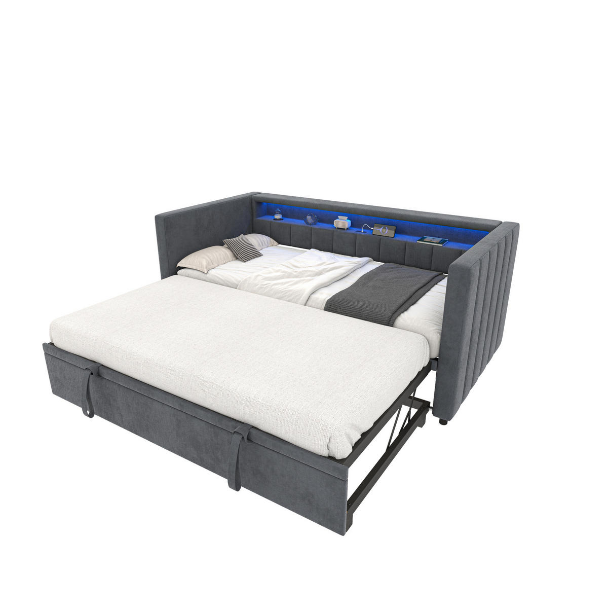 SCHLAFSOFA 90/190 cm mit Ausziehbett, LED-Beleuchtung, USB-Type-C und Samtbezug, Dunkelgrau - Dunkelgrau, Textil (201/73/100cm) - Redom
