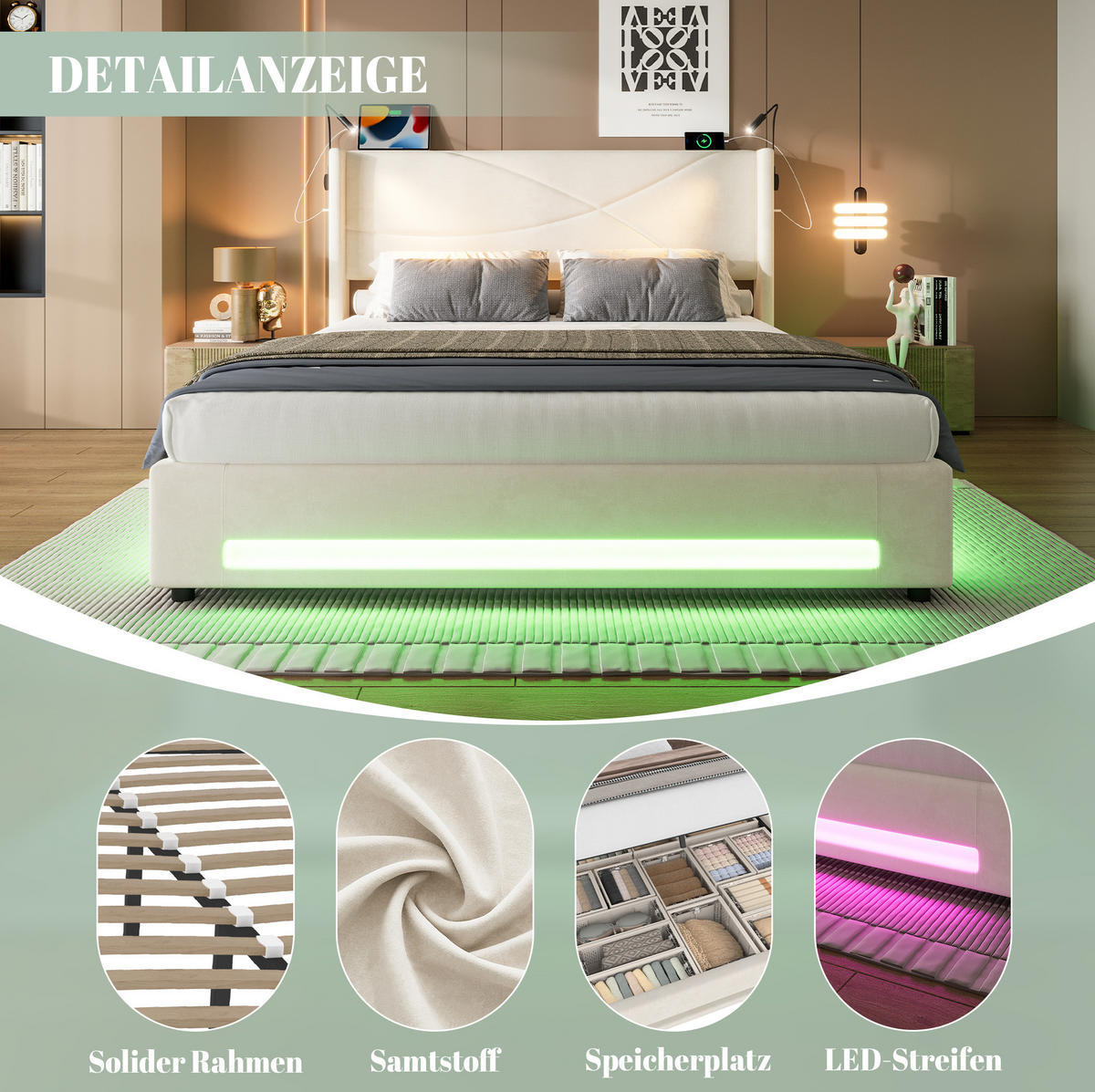 BETTGESTELL 140/200 cm Beige mit LED-Lichtleisten und hydraulischem Stauraum - Beige, Textil (140/200cm) - OKWISH