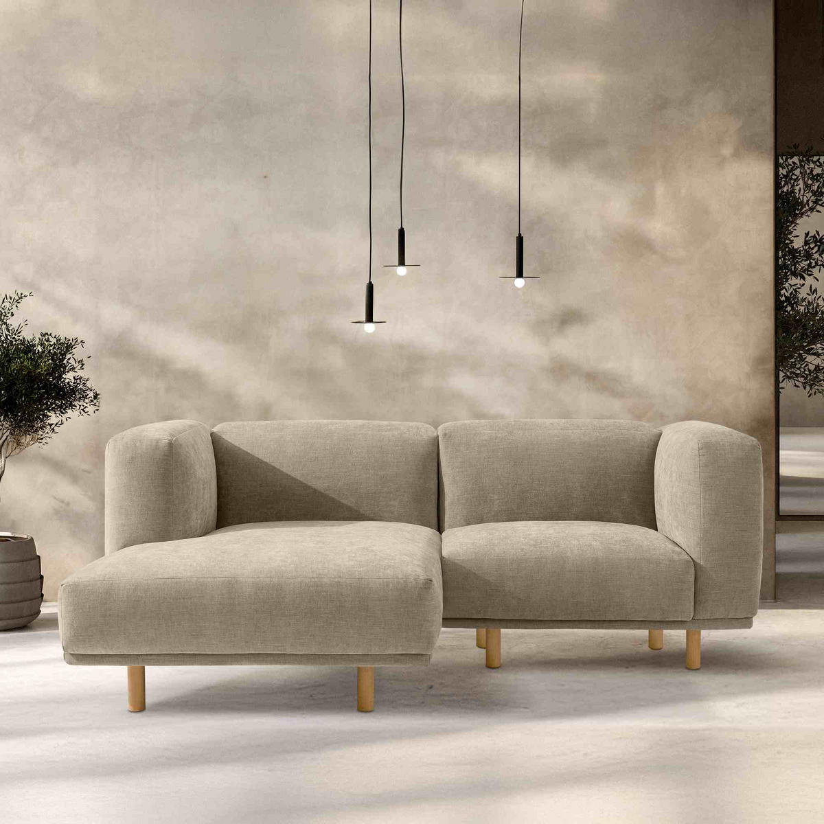 ECKSOFA-LINKS FOSERO, Chenille-Stoff - Beige/Buchefarben, Holz/Holzwerkstoff (204/155cm) - KONSIMO®