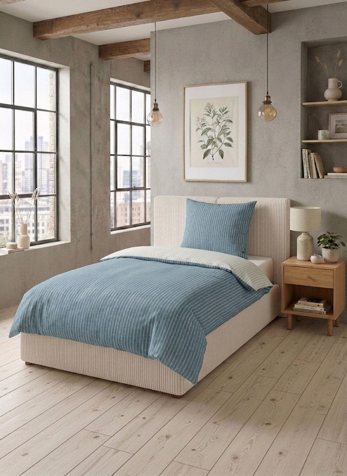 BETTWÄSCHE-GARNITUR Premium Melange Webstreifen blau, 135x200 cm + 80x80 cm - Blau, Textil (135/200cm) - biberna
