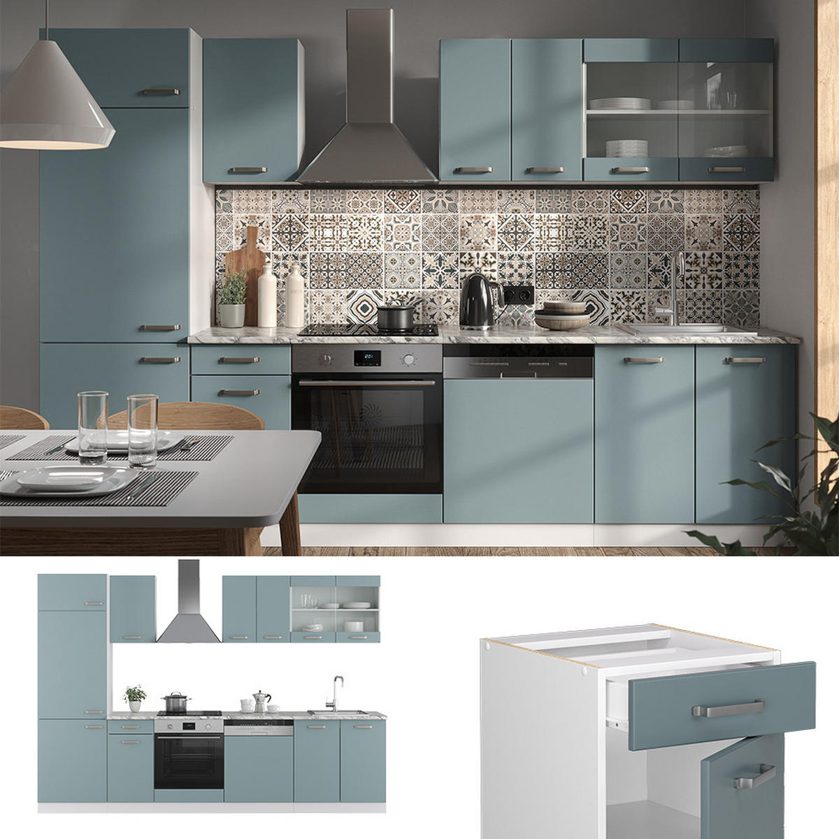 KÜCHENZEILE R-Line Blau-Grau/Weiß 300 cm, AP Eiche - Blaugrau/Weiß, Holzwerkstoff (300/81.6/60cm) - Vicco