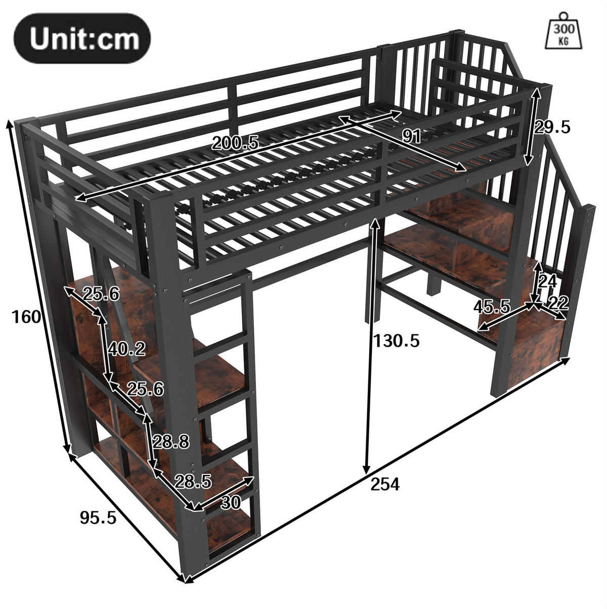 HOCHBETT 90/200 cm aus Metall und MDF mit LED-Lichtleiste, Stauraumstufen und Schutzgeländer, Schwarz - Schwarz, Holzwerkstoff (90/200cm) - Redom