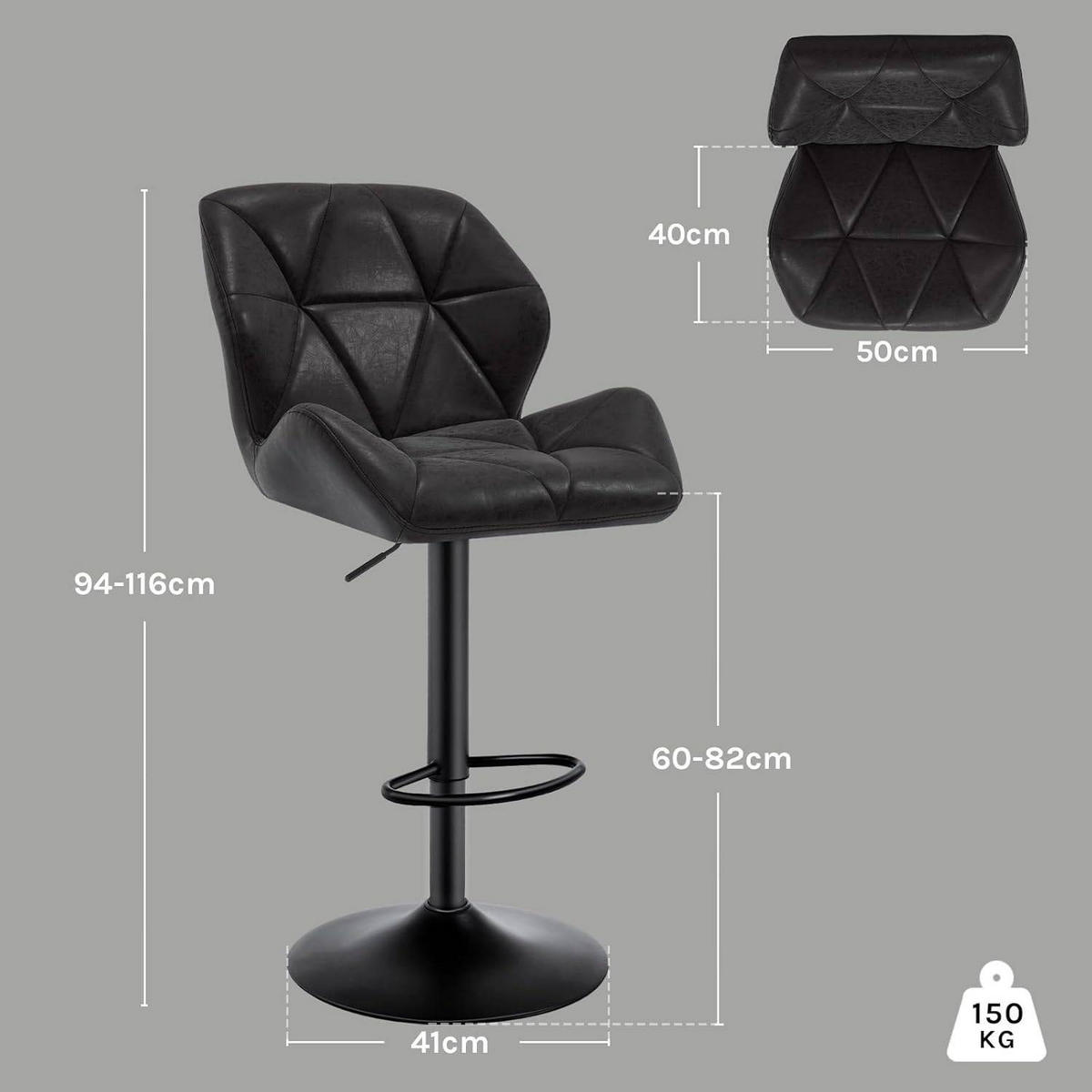 BARHOCKER 2er Set, höhenverstellbar,drehbar,Kunstleder Stahl - Schwarz, Metall (50/94/41cm) - Woltu