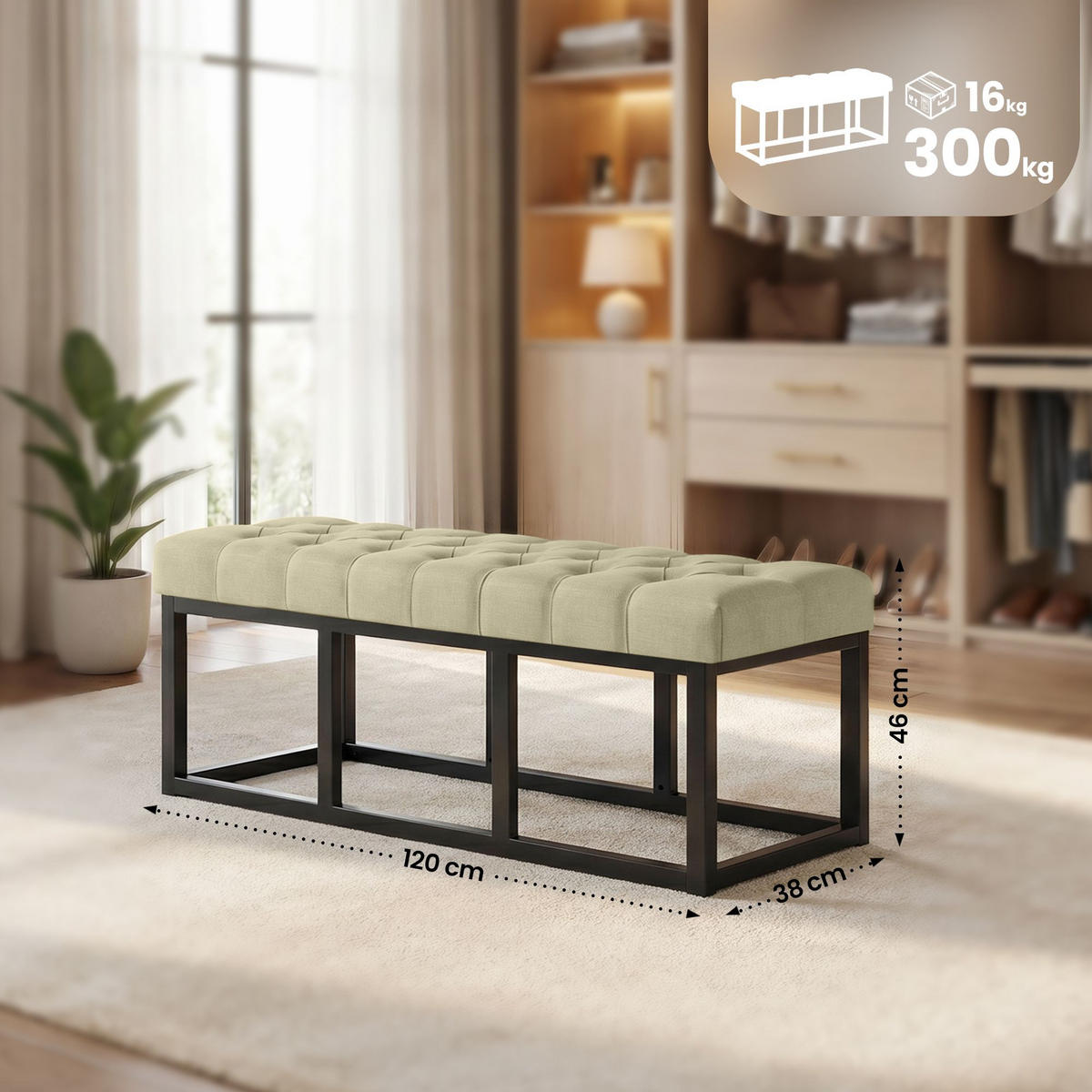 SITZBANK 120/38 cm Stoff Taupe - Taupe/Schwarz, Textil/Metall (120/46/38cm) - CLP